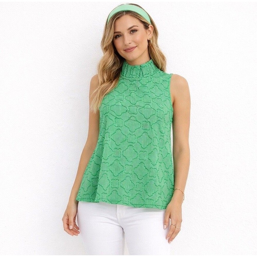 Draper James Womens XS Sleeveless Blouse Tank Green High Neck Ruffle Retro